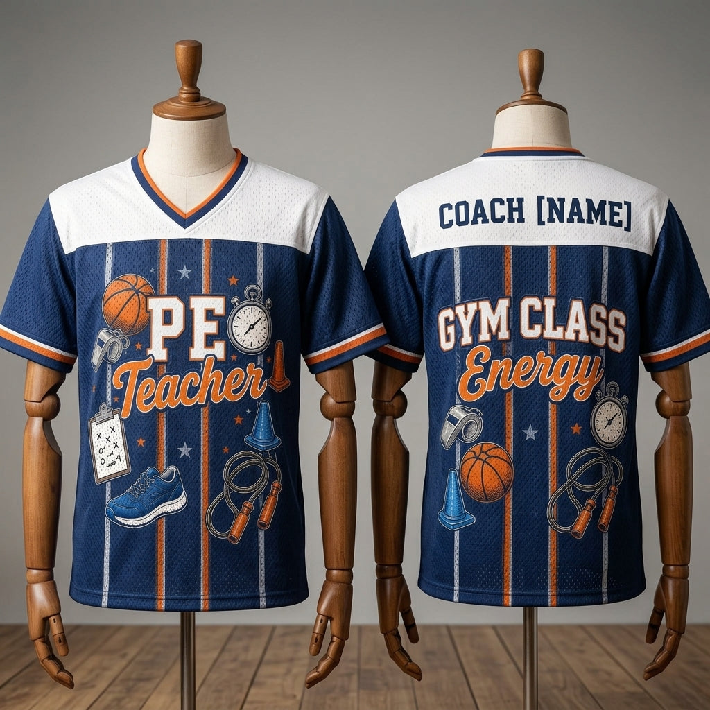 Personalized PE Teacher Football Jersey - Custom Name Coach Gym Class Energy Shirt