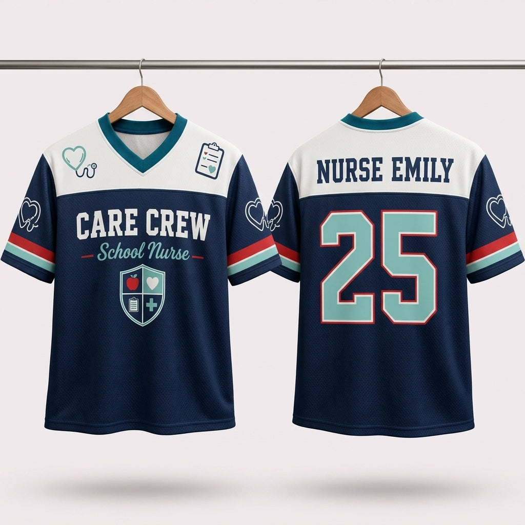 Personalized School Nurse Football Jersey - Custom Name Care Crew Mesh Athletic Shirt