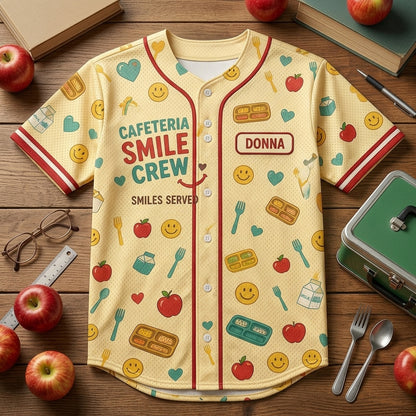 Personalized Cafeteria Smile Crew Baseball Jersey - Custom Name Gift for Lunch Ladies & School Nutrition Workers