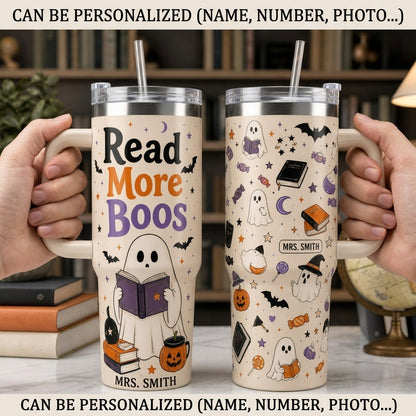 Personalized Read More Boos 40oz Tumbler with Handle, Custom Name Ghost Book Lover Gift, Insulated Halloween Mug