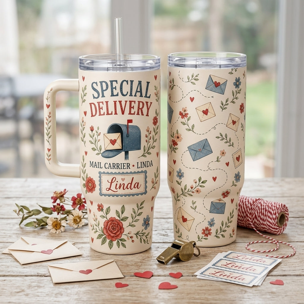 Personalized Mail Carrier Special Delivery 40oz Tumbler with Handle, Custom Name Gift for Postal Workers