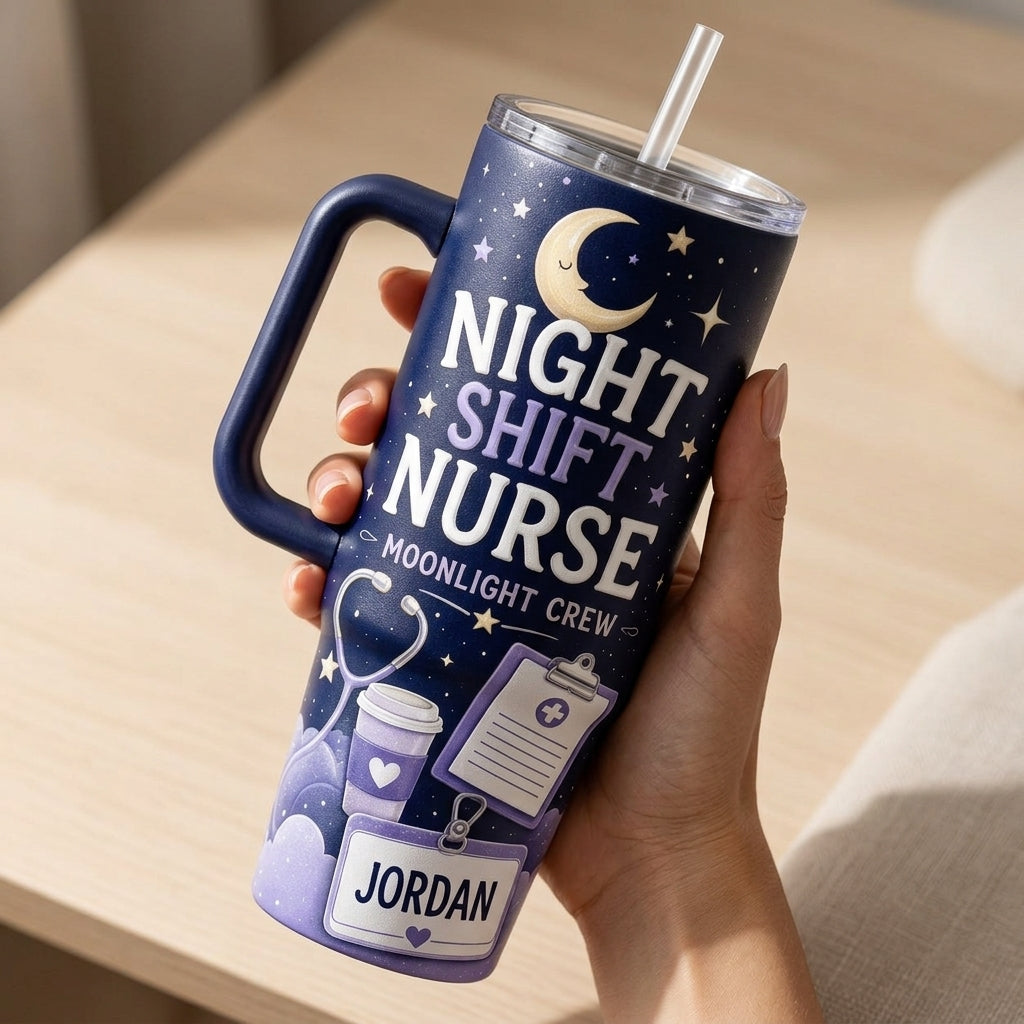 Personalized Night Shift Nurse 40oz Tumbler with Handle - Custom Name Moonlight Crew Nursing Gift