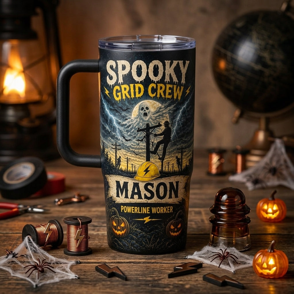 Personalized Spooky Grid Crew 40oz Tumbler with Handle, Custom Name Halloween Gift for Lineman Powerline Worker