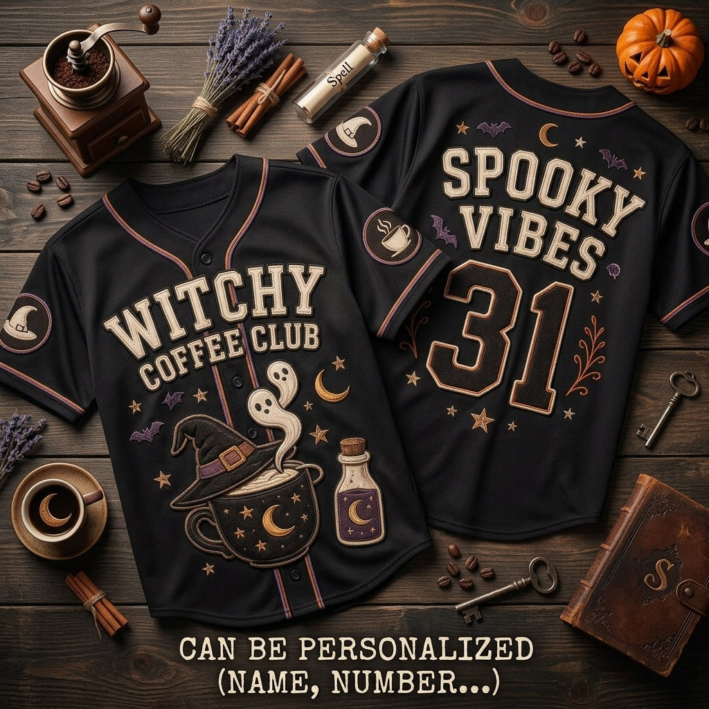 Personalized Witchy Coffee Club Baseball Jersey - Spooky Vibes Halloween Custom Name and Number Sportswear