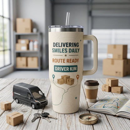 Personalized Delivery Driver 40oz Tumbler with Handle - Custom Name Route Ready Courier Gift