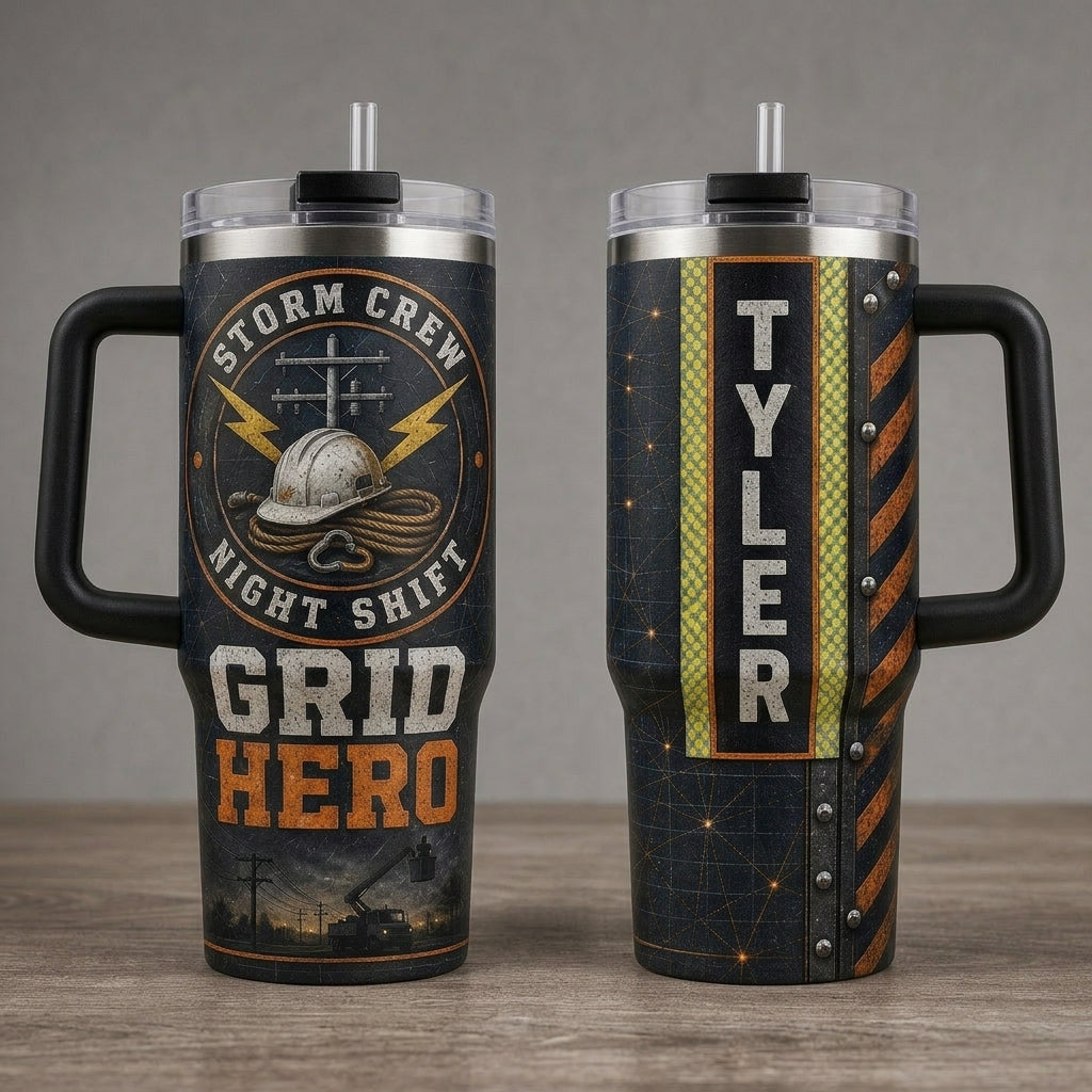 Personalized Lineman 40oz Tumbler with Handle - Storm Crew Grid Hero Gift for Utility Workers & Night Shift Crews product view 2