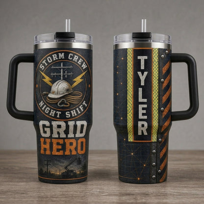 Personalized Lineman 40oz Tumbler with Handle - Storm Crew Grid Hero Gift for Utility Workers & Night Shift Crews product view 2