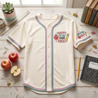 Personalized "So Happy To See Your Face" Teacher Baseball Jersey - Custom Back to School Athleisure Shirt