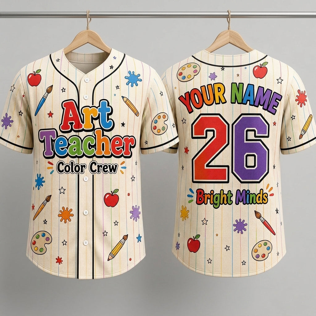 Personalized Art Teacher Color Crew Baseball Jersey - Custom Name and Number School Gift