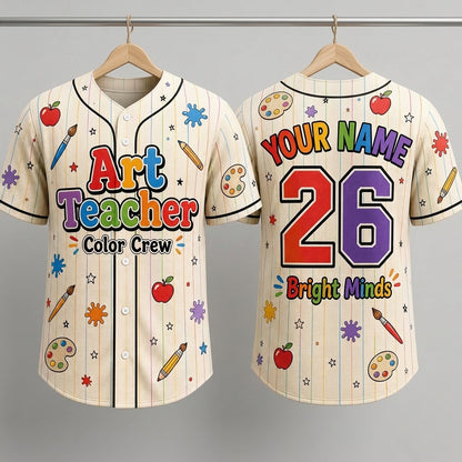 Personalized Art Teacher Color Crew Baseball Jersey - Custom Name and Number School Gift
