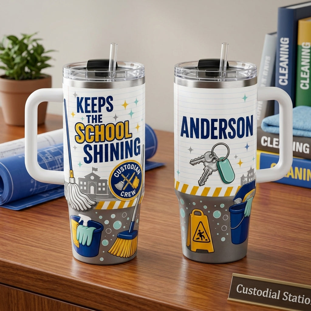Personalized Custodian 40oz Tumbler with Handle - Keeps The School Shining Custom Name Janitor Gift - 40oz tumbler mockup 2