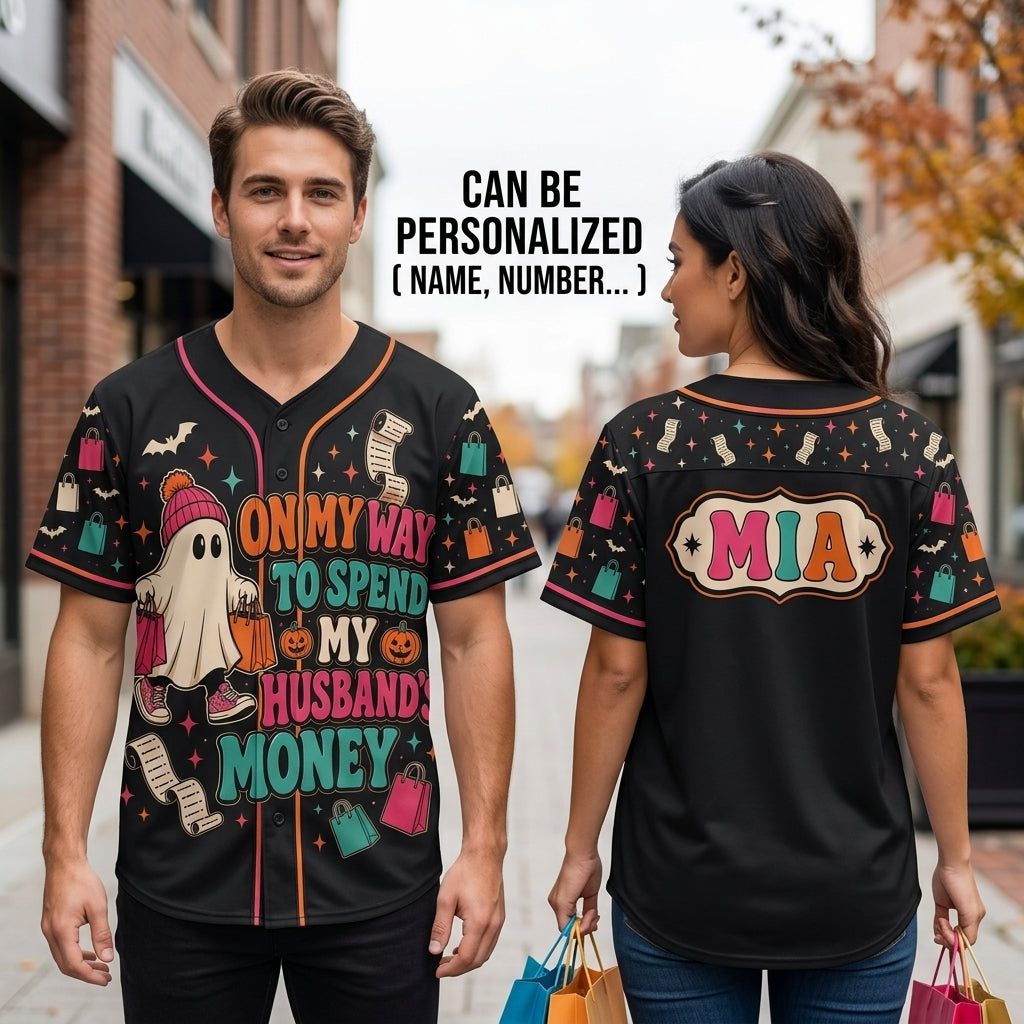 Personalized Halloween Ghost Baseball Jersey - On My Way To Spend My Husband's Money - Custom Name Shopping Shirt