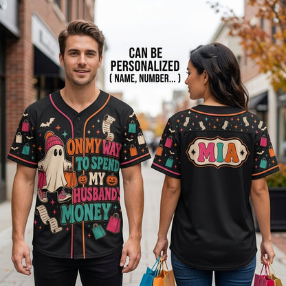 Personalized Halloween Ghost Baseball Jersey - On My Way To Spend My Husband's Money - Custom Name Shopping Shirt