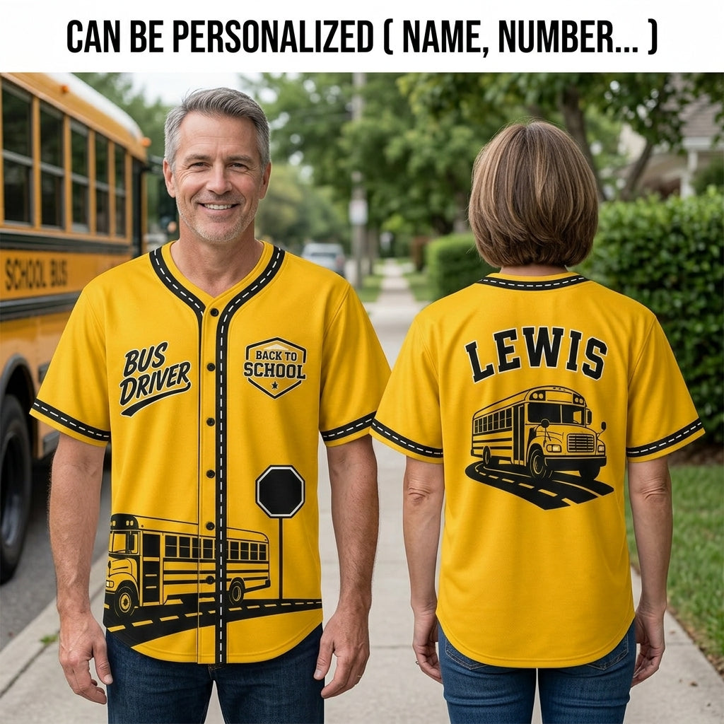 Personalized School Bus Driver Baseball Jersey - Custom Name Back to School Yellow Athletic Shirt