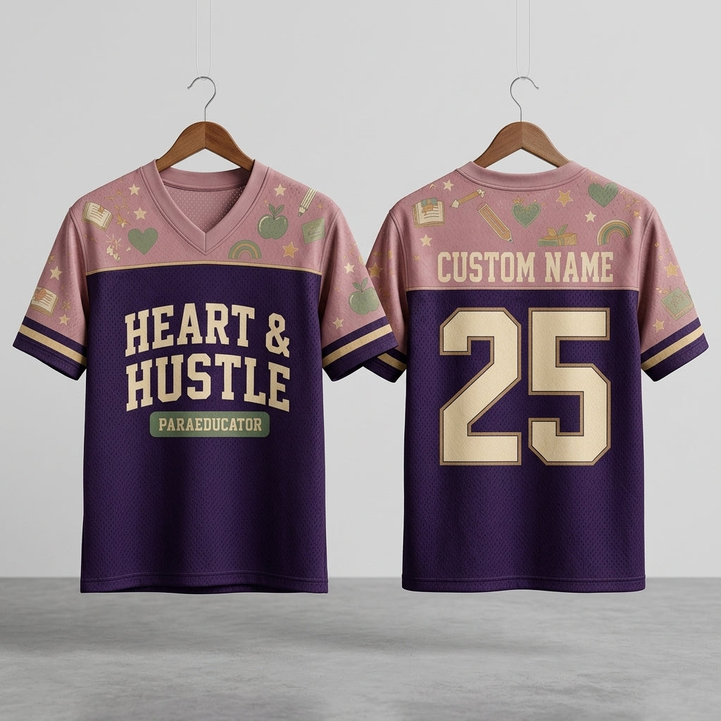 Personalized Heart & Hustle Paraeducator Football Jersey - Custom Name & Number School Spirit Mesh Shirt - football jersey product view 3