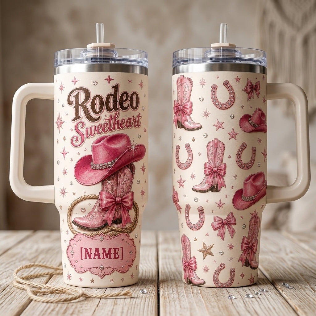 Personalized Rodeo Sweetheart 40oz Tumbler with Handle - Custom Pink Cowgirl Boots & Western Theme Gift