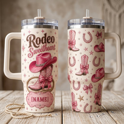 Personalized Rodeo Sweetheart 40oz Tumbler with Handle - Custom Pink Cowgirl Boots & Western Theme Gift