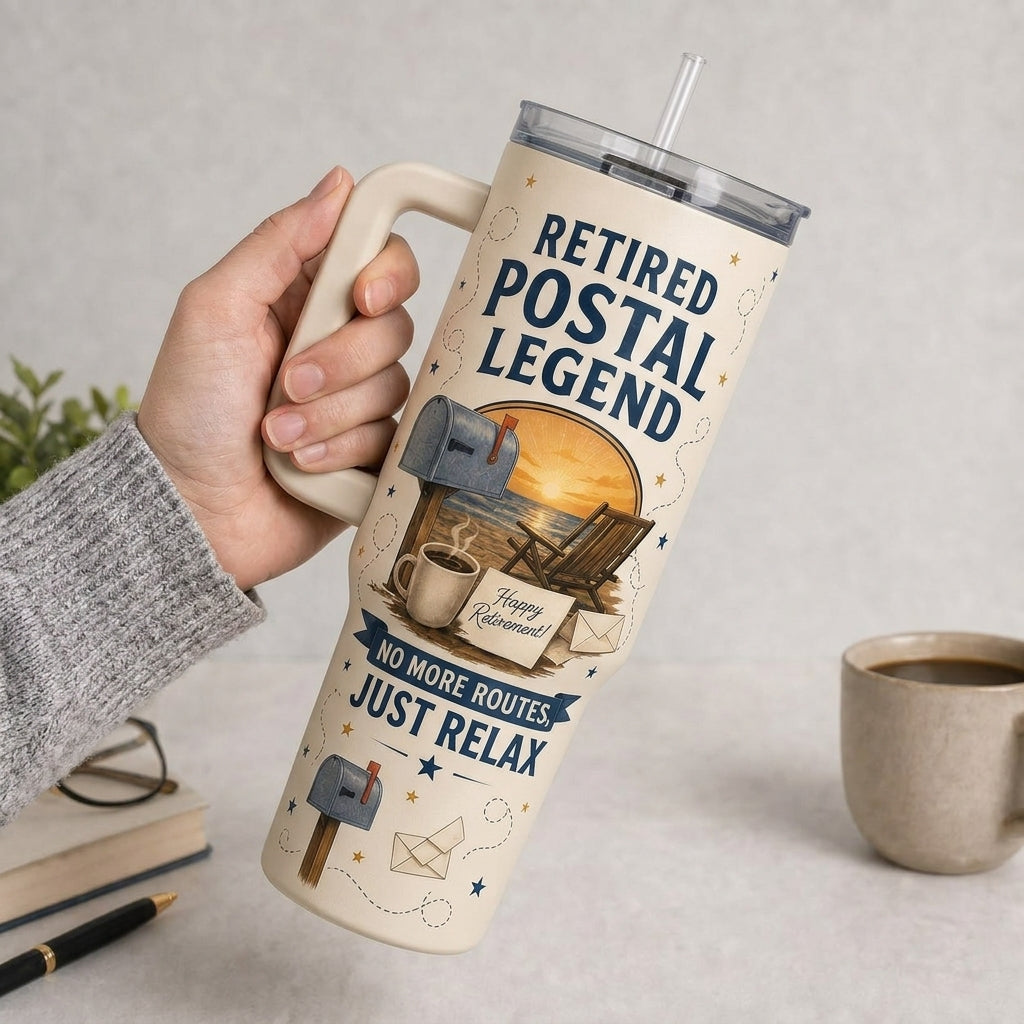 Personalized Retired Postal Legend 40oz Tumbler with Handle - Custom Name Mail Carrier Retirement Gift