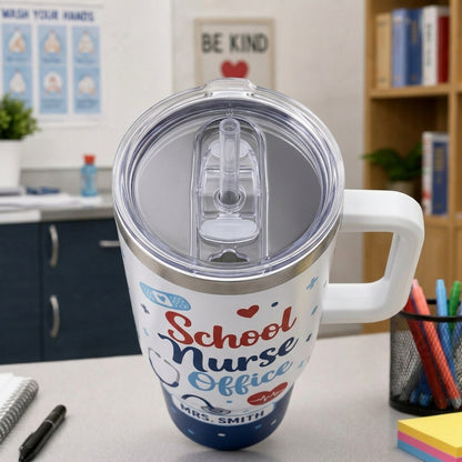 Personalized School Nurse Office 40oz Tumbler with Handle - Custom Name Travel Mug Gift