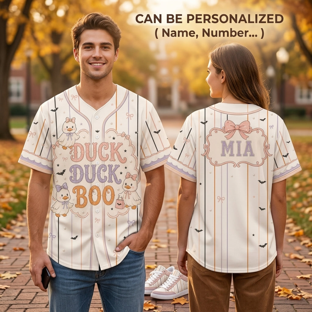 Personalized Duck Duck Boo Halloween Baseball Jersey - Custom Name Pink Coquette Aesthetic Jersey