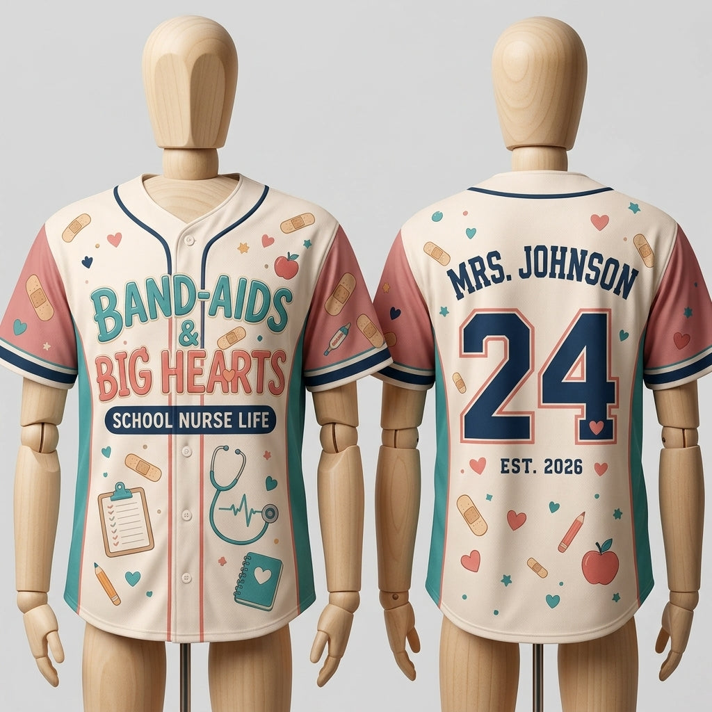 Personalized School Nurse Baseball Jersey - Band-Aids & Big Hearts Custom Name and Number Nursing Gift