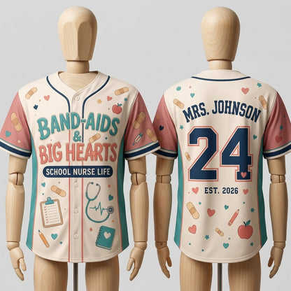 Personalized School Nurse Baseball Jersey - Band-Aids & Big Hearts Custom Name and Number Nursing Gift