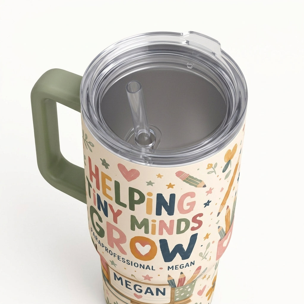 Personalized Paraprofessional 40oz Tumbler - Helping Tiny Minds Grow Custom Teacher Gift with Handle