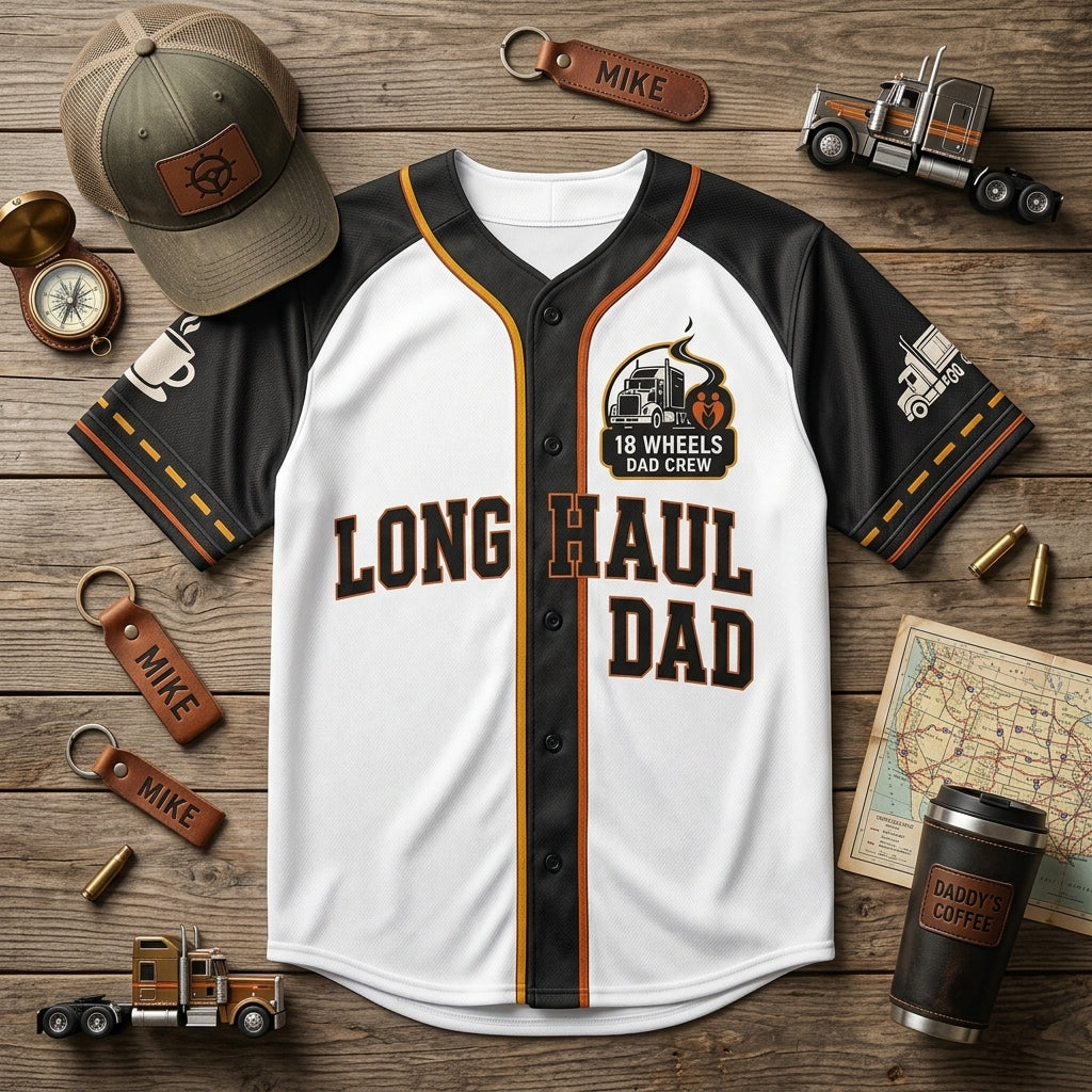 Personalized Trucker Dad Baseball Jersey - Custom Name & Number Long Haul Trucking Gift