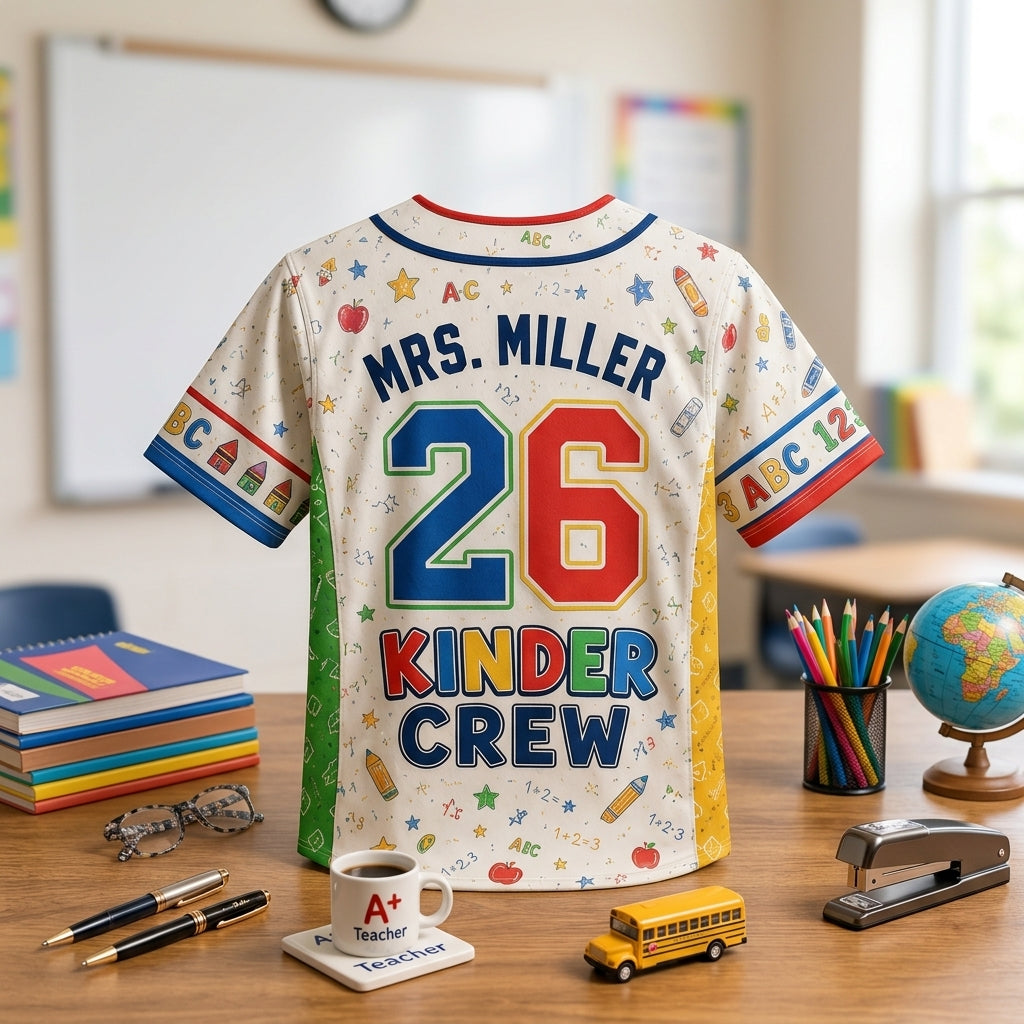Personalized Kindergarten Teacher Baseball Jersey - Custom Name Kinder Squad School Spirit Gift
