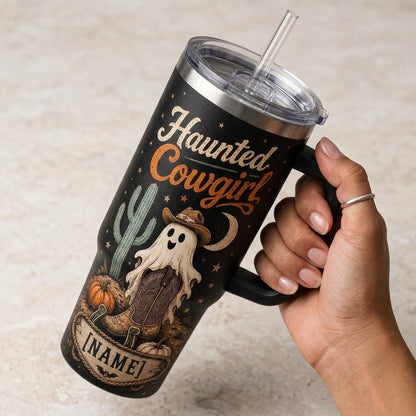 Personalized Haunted Cowgirl 40oz Tumbler with Handle - Custom Name Western Halloween Ghost Gift