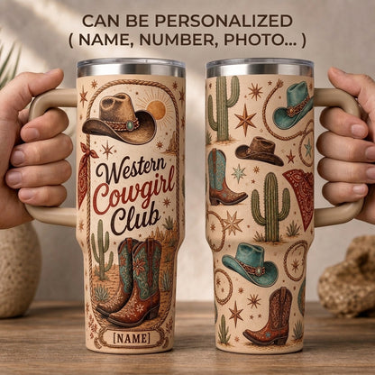 Personalized Western Cowgirl Club 40oz Tumbler with Handle - Custom Name Desert Boots & Hat Gift