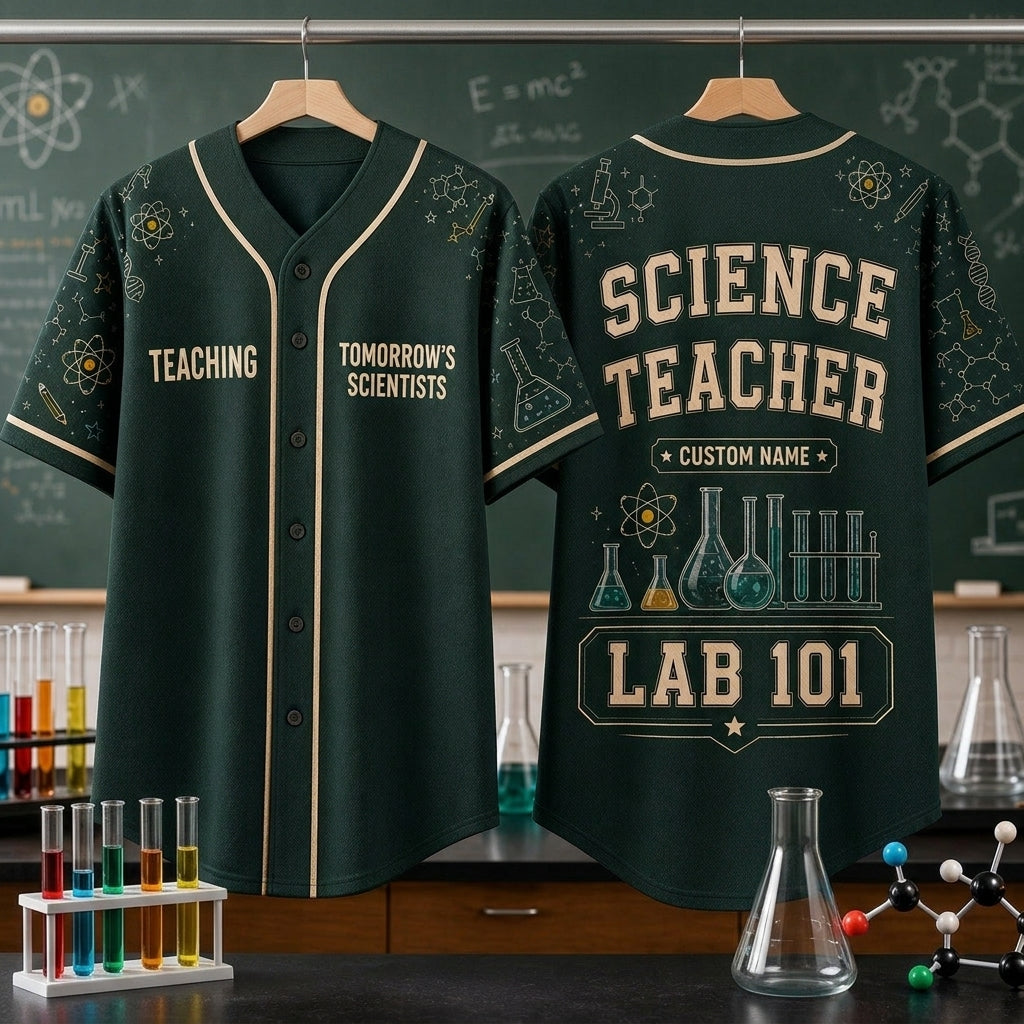 Personalized Science Teacher Baseball Jersey - Custom Name Lab 101 STEM Educator Uniform