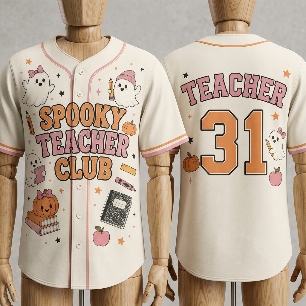 Personalized Spooky Teacher Club Baseball Jersey - Custom Ghost Halloween Teacher Gift - Retro Athletic Shirt