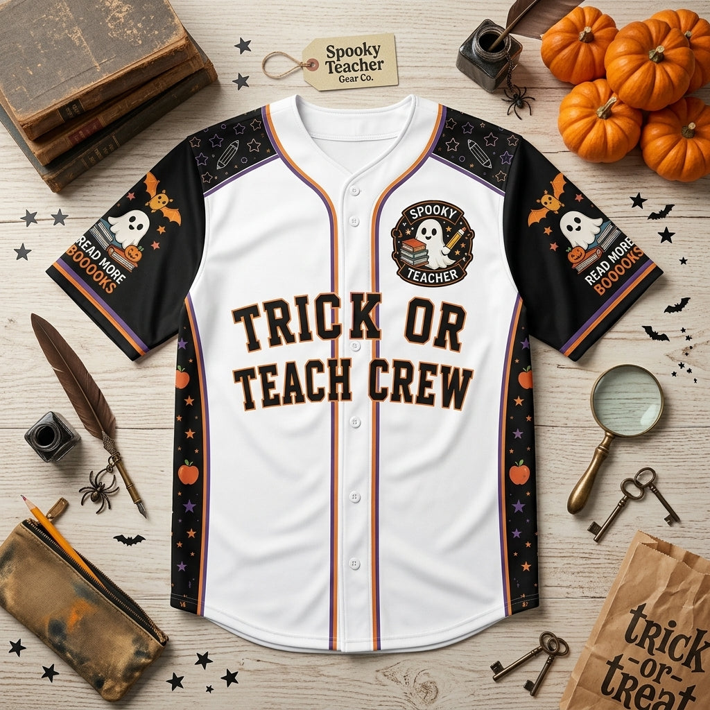Personalized Trick or Teach Crew Baseball Jersey - Custom Spooky Teacher Halloween Gift for Classroom Boo Crew