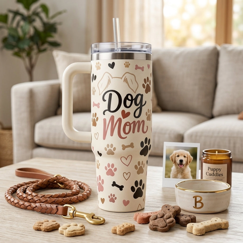 Personalized Dog Mom Tumbler 40oz with Handle - Custom Dog Name Buddy's Human Gift for Dog Lovers