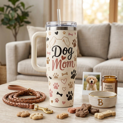 Personalized Dog Mom Tumbler 40oz with Handle - Custom Dog Name Buddy's Human Gift for Dog Lovers