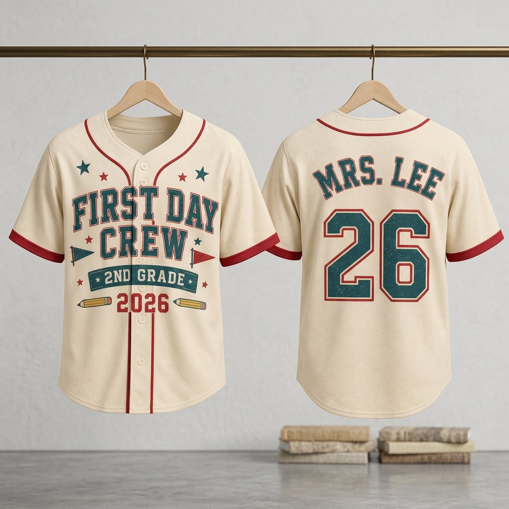 Personalized First Day Crew Baseball Jersey - Custom Name and Number - Custom Teacher Name and Grade School Shirt - Retro Back to School Outfit