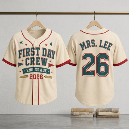Personalized First Day Crew Baseball Jersey - Custom Name and Number - Custom Teacher Name and Grade School Shirt - Retro Back to School Outfit
