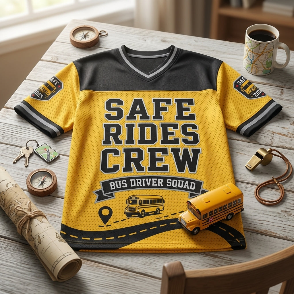 Personalized Bus Driver Safe Rides Crew Football Jersey - Custom Name & Route Squad Shirt