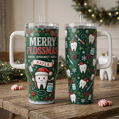 Personalized Merry Flossmas 40oz Tumbler with Handle, Custom Name Dental Hygienist Gift, Christmas Dentist Mug