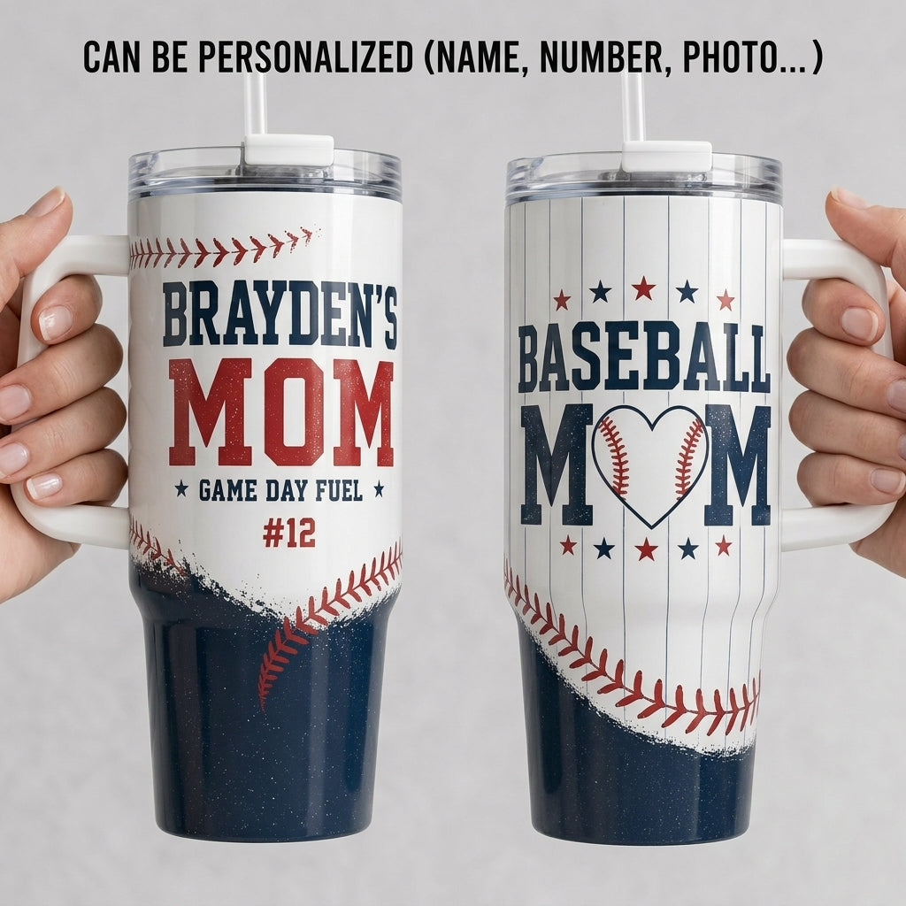Personalized Baseball Mom 40oz Tumbler with Handle - Custom Name and Number Sports Travel Mug