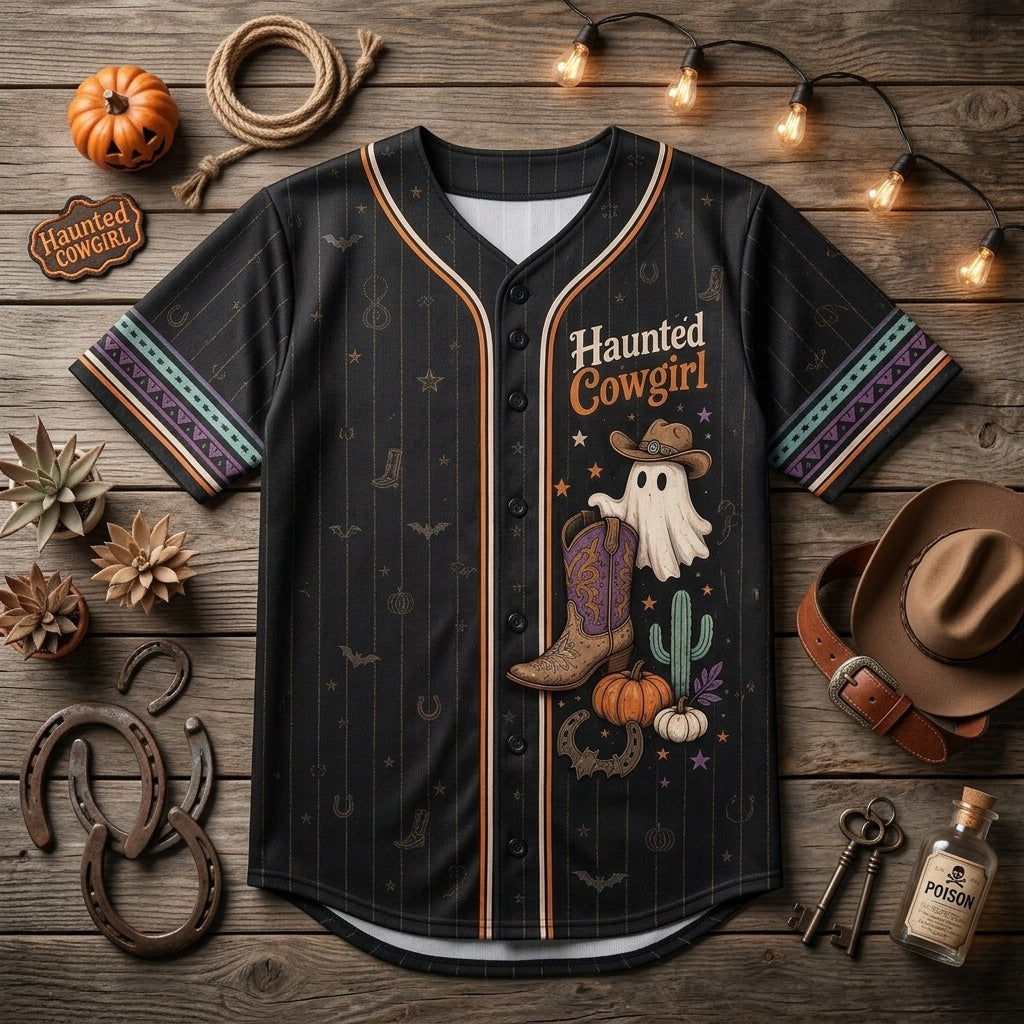 Personalized Haunted Cowgirl Baseball Jersey - Spooky Rodeo Girl Halloween Gift with Custom Name