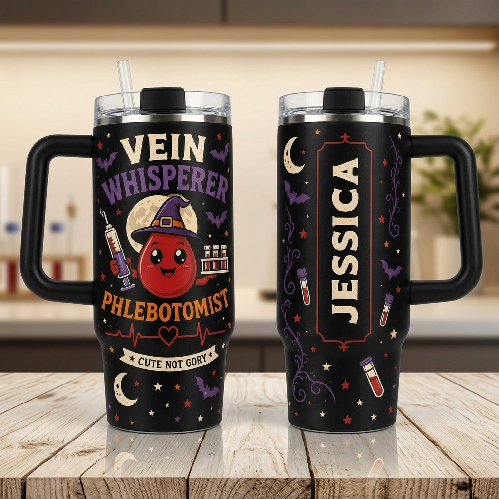 Personalized Vein Whisperer Phlebotomist 40oz Tumbler with Handle - Cute Not Gory Gift for Nurses & Lab Techs