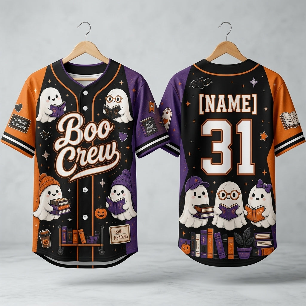 Personalized Boo Crew Halloween Baseball Jersey - Custom Name Ghost Reader Book Lover Spooky Season Apparel