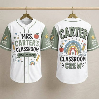 Personalized Teacher Baseball Jersey - Custom Name Classroom Crew Shirt - Sage Green Teacher Appreciation Gift