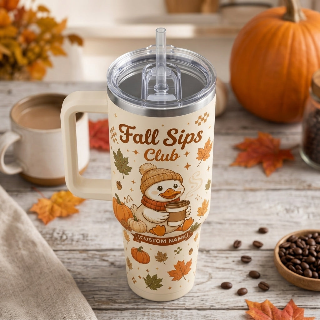 Personalized Fall Sips Club 40oz Tumbler with Handle, Custom Name Cute Duckling Autumn Coffee Cup