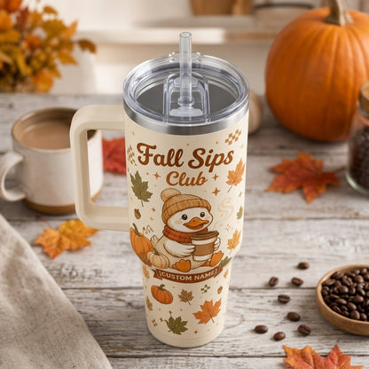 Personalized Fall Sips Club 40oz Tumbler with Handle, Custom Name Cute Duckling Autumn Coffee Cup