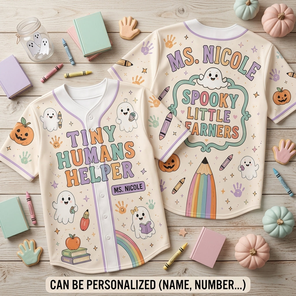 Personalized Tiny Humans Helper Teacher Halloween Baseball Jersey - Custom Name Spooky Little Learners Shirt