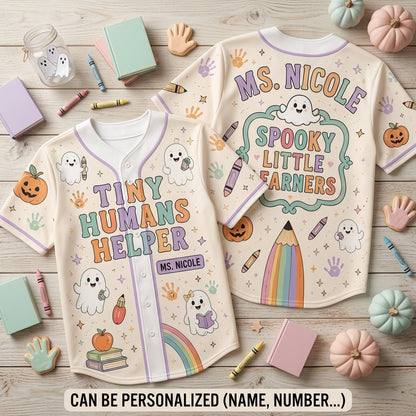 Personalized Tiny Humans Helper Teacher Halloween Baseball Jersey - Custom Name Spooky Little Learners Shirt