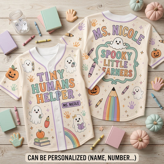 Personalized Tiny Humans Helper Teacher Halloween Baseball Jersey - Custom Name Spooky Little Learners Shirt